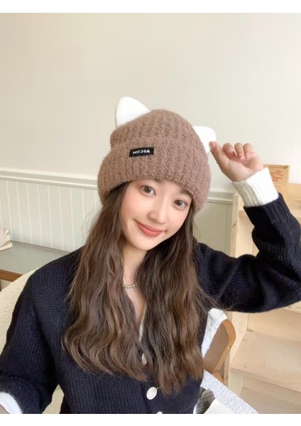 Kadınlar Için Sevimli Kedi Kulakları Örme Sonbahar ve Kış Peluş Şapka (Yurt Dışından)