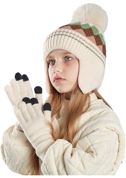 Çocuk Şapkaları, Eldivenler, Yün Topları, Erkek ve Kız Çocukları Için Renkli Eşkenar Dörtgen Örgülü Yün Şapkalar, Ayrıca Kadife, Sıcak Kulak Koruması, Başlıklar (Yurt Dışından)