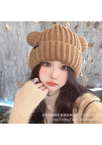 Sevimli Ayı Kulakları, Kadınlar Için Büyük Versiyon Gevşek Yün Şapka, Küçük Yüzü Göstermek Için Kış Kalınlaşmış, Sıcak, Çok Yönlü Örme Şapka (Yurt Dışından)