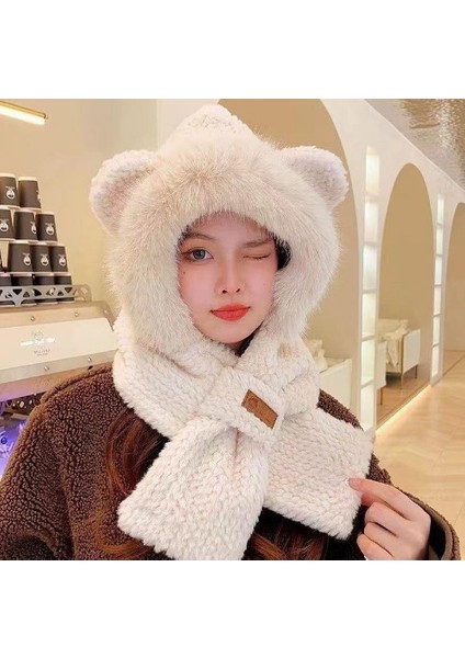 Peluş Şapka, Kadın Sonbahar ve Kış Atkı, Tek Parça Sıcak Artı Kadife Kalınlaştırılmış Atkı, Sevimli Soğuğa Dayanıklı Kış Kulak Koruyucu Iki Parçalı Set (Yurt Dışından)