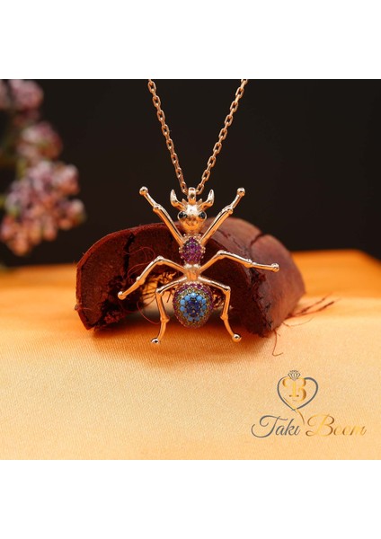 Renkli Taşlı Nazar Boncuklu Karınca Gümüş Kolye