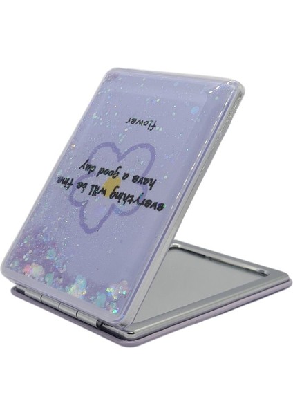 Mor Sulu ve Simli Desenli Çift Taraflı Katlanır Makyaj Aynası - Mor