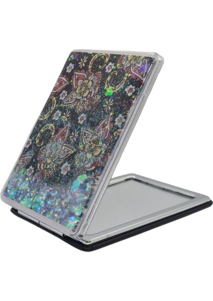 Sulu ve Simli Desenli Çift Taraflı Katlanır Makyaj Aynası - Parlak ve Eğlenceli Tasarım