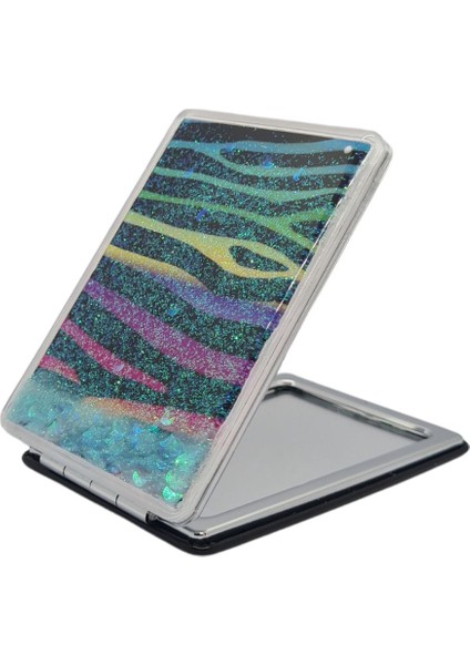 Sulu ve Simli Desenli Çift Taraflı Katlanır Makyaj Aynası - Parlak ve Eğlenceli Tasarım