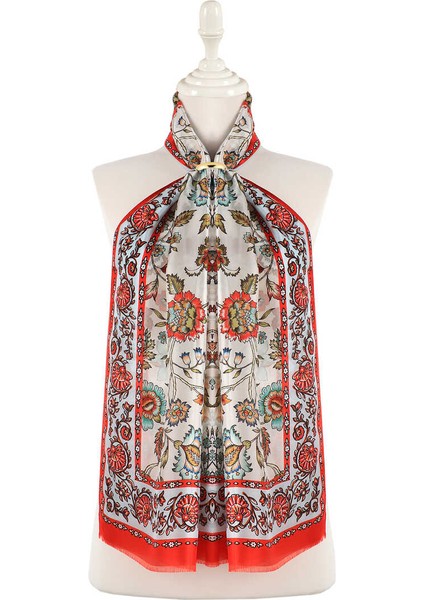 Kırmızı Lilyum Desen Vual Ipek Fular