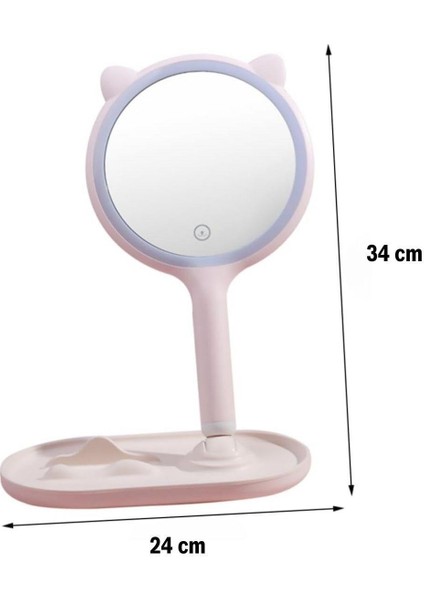 Kedi Kulaklı - Telefon Standlı - Yuvarlak - Dokunmatik - LED - Ayarlı Masa Üstü Makyaj Aynası