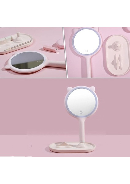 Kedi Kulaklı - Telefon Standlı - Yuvarlak - Dokunmatik - LED - Ayarlı Masa Üstü Makyaj Aynası