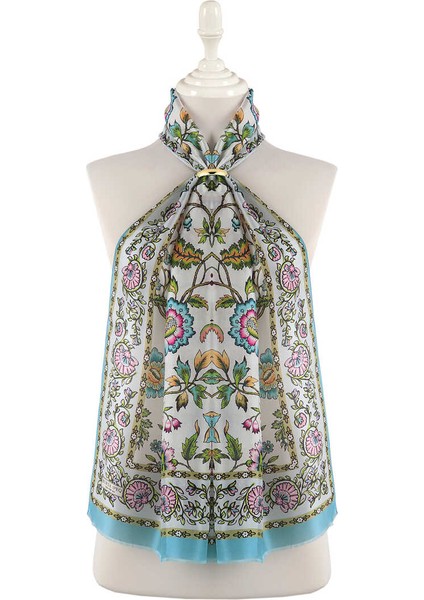 Mavi Lilyum Desen Vual Ipek Fular