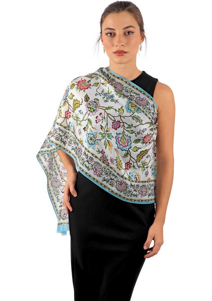 Mavi Lilyum Desen Vual Ipek Fular fiyatları