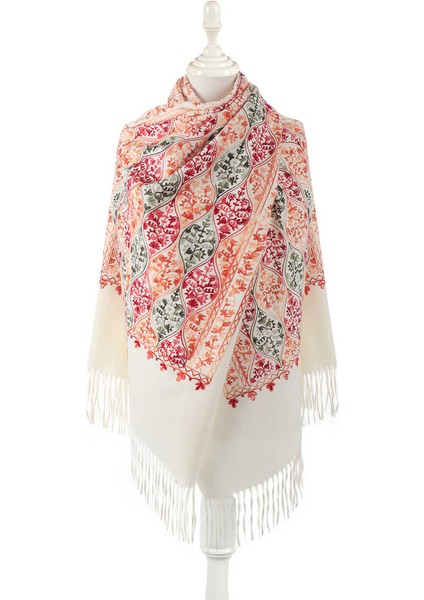 Krem Nakışlı Kışlık Şal