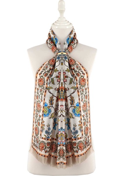 Bej Lilyum Desen Vual Ipek Fular