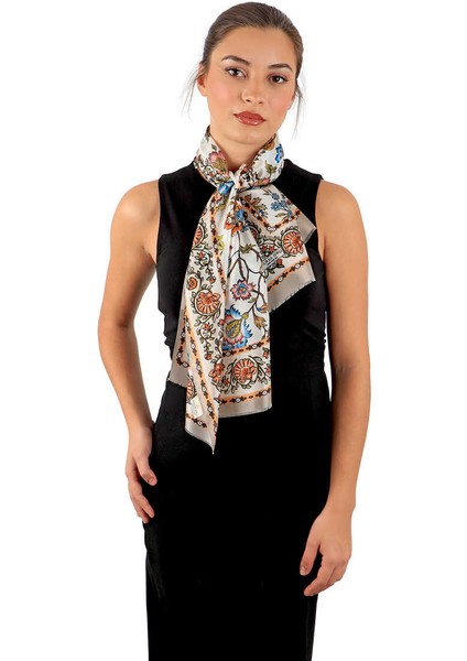 Bej Lilyum Desen Vual Ipek Fular fiyatları