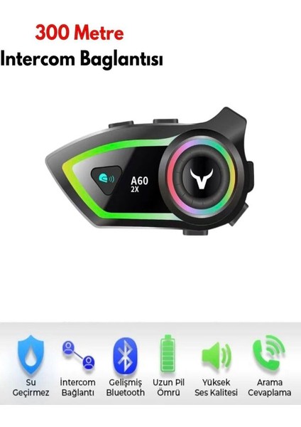 A602X IP67 Su Geçirmez 2 Kişi 300M İNTERKOM RGB Işık Wireless Motor Motosiklet Kask Kulaklığı