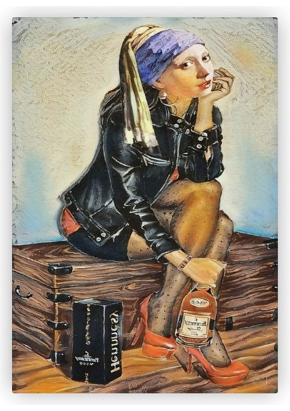 Deri Ceketli Inci Küpeli Kız Ahşap Poster 20 x 29 cm