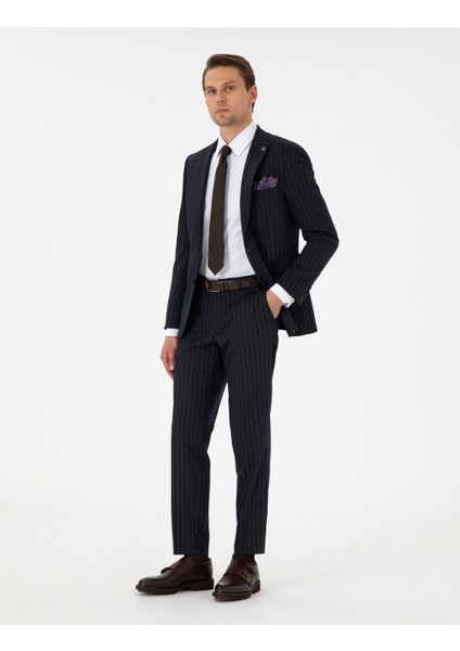 Erkek Lacivert Ex. Slim Fit Çizgili Takım Elbise 50306678-VR033