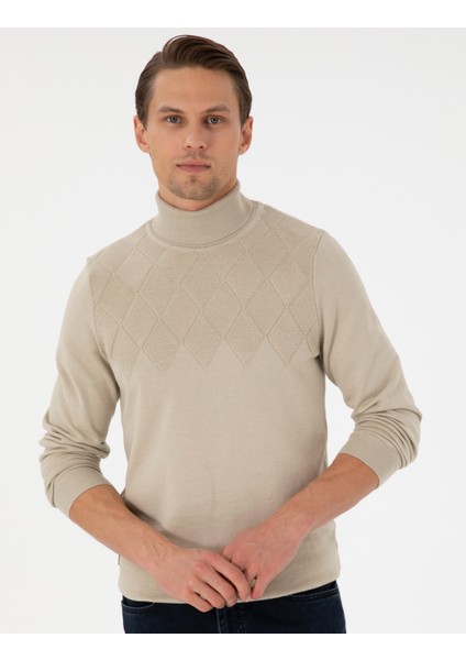 Erkek Kum Melanj Slim Fit Balıkçı Yaka Triko Kazak 50300507-VR123