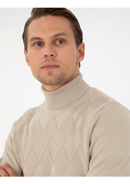 Erkek Kum Melanj Slim Fit Balıkçı Yaka Triko Kazak 50300507-VR123 fiyatları