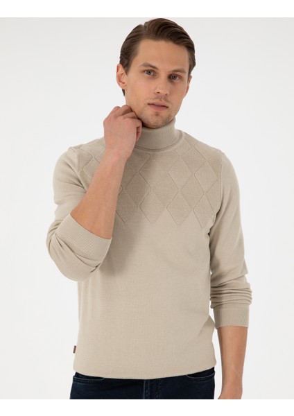 Erkek Kum Melanj Slim Fit Balıkçı Yaka Triko Kazak 50300507-VR123 modelleri