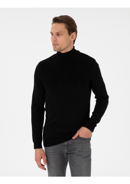 Erkek Siyah Slim Fit Yarım Balıkçı Yaka Triko Kazak 50300507-VR046