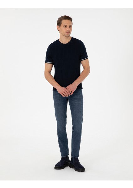 Erkek Lacivert Slim Fit Bisiklet Yaka Triko Tişört 50303616-VR033 fırsatları