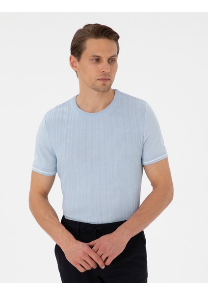 Erkek Açık Mavi Slim Fit Bisiklet Yaka Triko Kazak 50303616-VR095