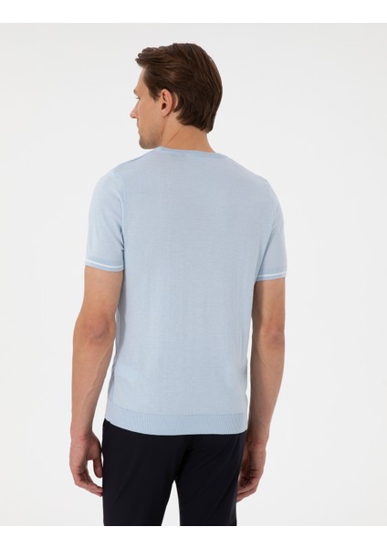 Erkek Açık Mavi Slim Fit Bisiklet Yaka Triko Kazak 50303616-VR095