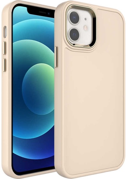 Apple iPhone 12 Uyumlu Metal Çerçeve ve Buton Tasarımlı Sert Zore Botox Kapak-Pembe Açık