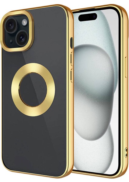 Apple iPhone 15 Plus Uyumlu Tek Kamera Çerçeveli Logo Gösteren Omega Kapak - Gold