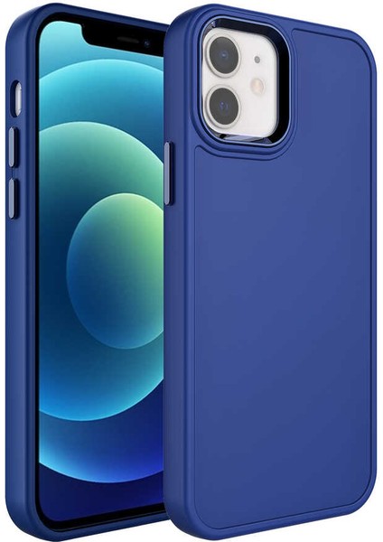 Apple iPhone 12 Uyumlu Metal Çerçeve ve Buton Tasarımlı Sert Zore Botox Kapak-Lacivert