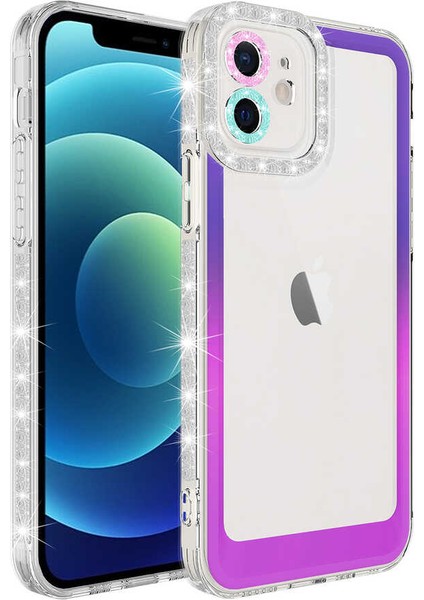 Apple iPhone 11 Uyumlu Simli ve Renk Geçiş Tasarımlı Lens Korumalı Park Kapak - Mor - Pembe