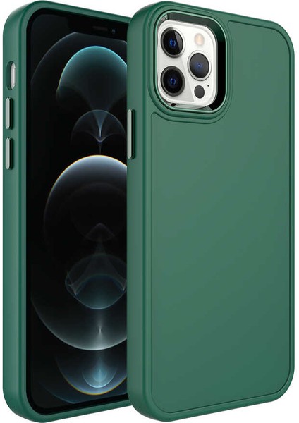 Apple iPhone 12 Pro Max Uyumlu Metal Çerçeve ve Buton Tasarımlı Sert Botox Kapak - Koyu Yeşil