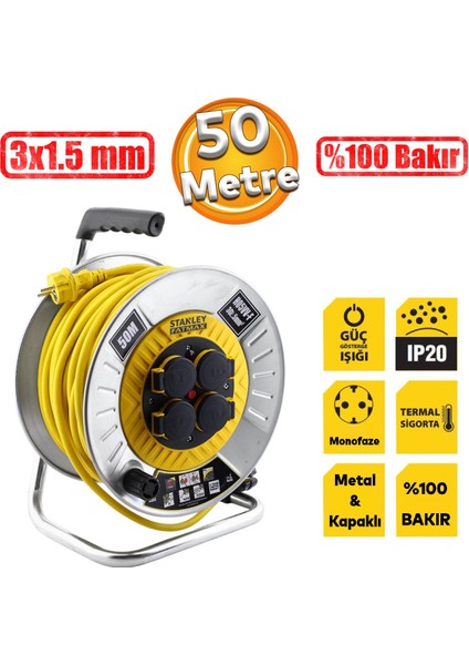 Metal Makaralı 50 Metre Seyyar %100 Bakır Kablo 4 Prizli Kapaklı Uzatma Kablosu 3x1.5 mm H05VV-F