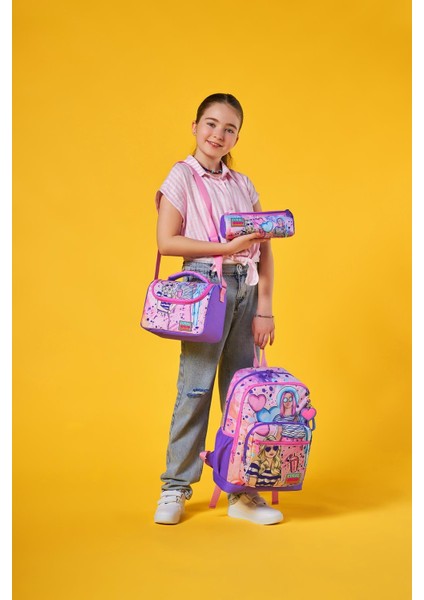 Pembe Mor Fashion Girl Desenli 3’lü Okul Çanta Seti modelleri