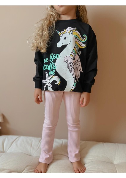 Unicorn Baskılı Ispanyol Paça Taytlı Kız Çocuk Takım