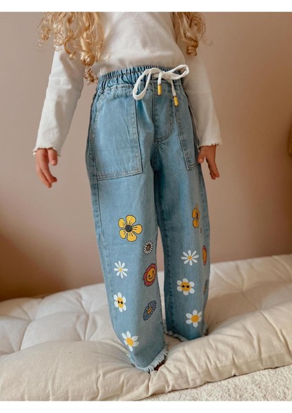 Çiçek Baskılı Kız Çocuk Jeans Pantolon