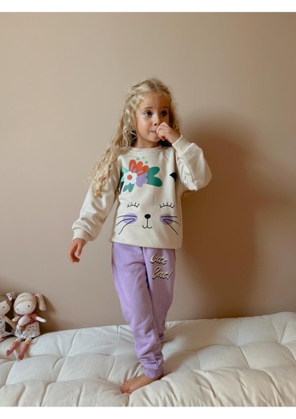 Yigit Butik Kedi Baskılı Kız Çocuk Takım modelleri