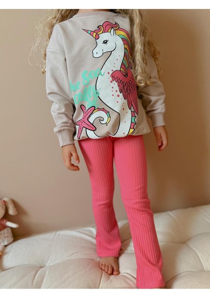 Unicorn Baskılı Ispanyol Paça Taytlı Kız Çocuk Takım