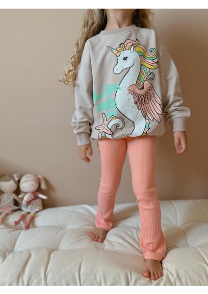 Unicorn Baskılı Ispanyol Paça Taytlı Kız Çocuk Takım