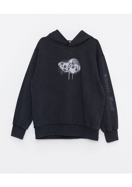 Lcw Kids Antrasit Kapüşonlu Baskılı Uzun Kollu Erkek Çocuk Sweatshirt