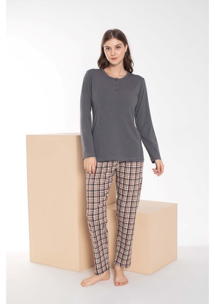 Çift Sevgili Eş Olabilen Gri Kahverengi Ekose Desen Modal Uzun Kol Pijama Takımı-Tek Ürün Fiyatıdır