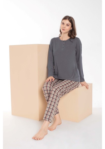 Çift Sevgili Eş Olabilen Gri Kahverengi Ekose Desen Modal Uzun Kol Pijama Takımı-Tek Ürün Fiyatıdır fiyatları