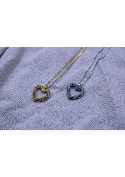 Gömme Zirkon Taşlı Kalp Çelik Kolye Silver 1 Adet Aksesuar Şık Kadın Hediyelik Takı