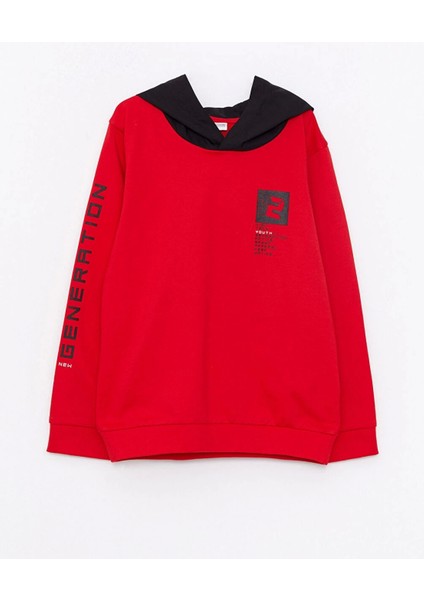 Lcw Kids Kırmızı Kapüşonlu Baskılı Uzun Kollu Erkek Çocuk Sweatshirt