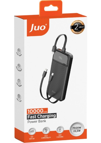 10000MAH 22.5W LED Ekranlı Lightning ve Type-C Kablolu Powerbank Taşınabilir Hızlı Şarj Cihazı Siyah