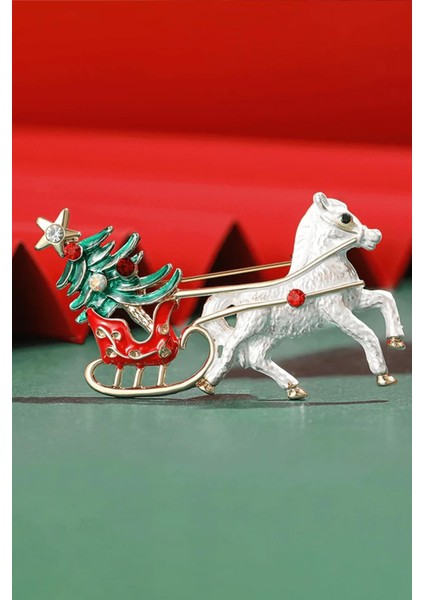 Yılbaşı Ağacı Taşıyan Beyaz At Kadın Broş