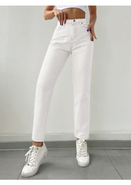 Kadın Mom Fit Jeans Kot Pantolon Beyaz