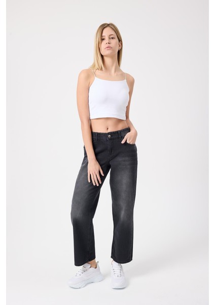 Kadın Beli Lastikli Kot Pantolon Siyah