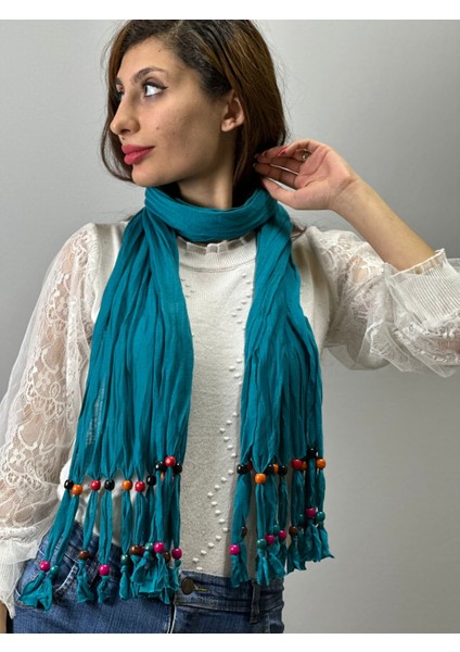 Ahşap Boncuklu Penye Kadın Fular Boyun Şalı 160X40 cm
