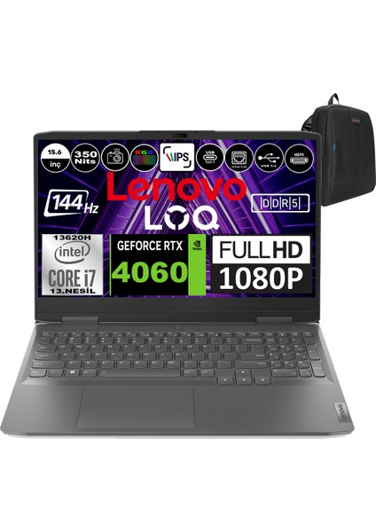 Loq 15IRH8 Intel Core I7 13620H 48GB Ddr5 2tb SSD 8gb RTX4060 15.6'' Fullhd 144HZ 350NITS Windows 11 Home Taşınabilir Bilgisayar 82XV00G9TXH11 + Zetta Çanta