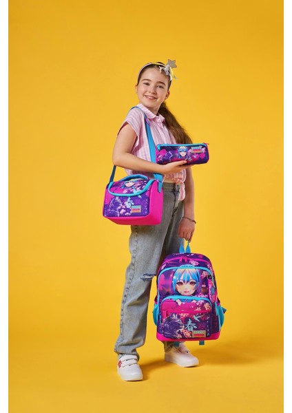 Mor Pembe Anime Kedi Desenli 3’lü Okul Çanta Seti